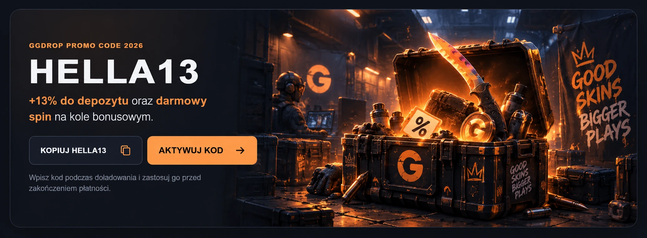 GGDrop promo code HELLA13 — +13% do depozytu i darmowy spin